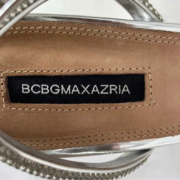 BCBGMaxazria Leather Heels Rhinestone Strappy Stiletto Elegant Pumps Silver Sz 9 - Picture 15 of 16